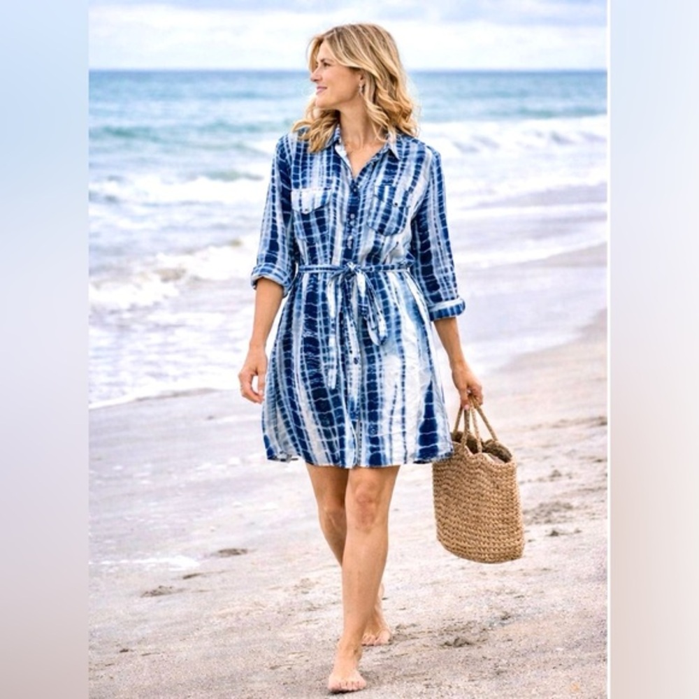 💙🤍Indigo Tie-Dye Shirt Dress | Belted Longline Tunic | Blue & White Boho